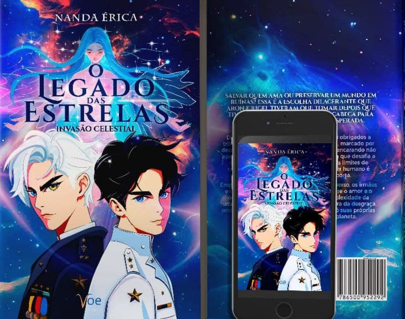 Capa do livro em tons de azul, mostrando o Universo ao fundo com dois personagens a frente